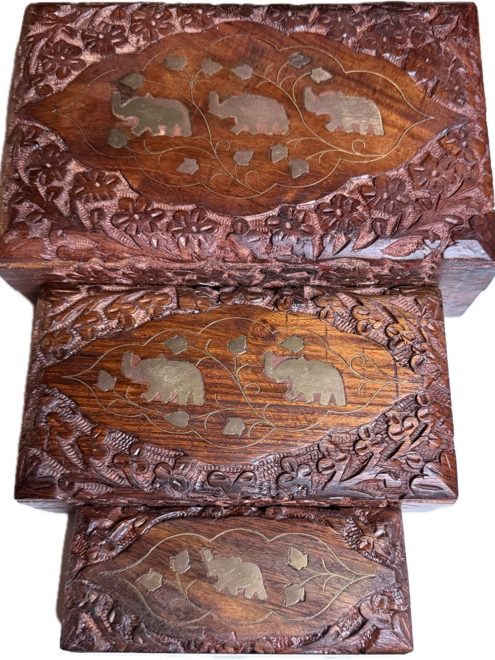 Hand-Carved Elephant Inlay Wooden 3 piece Box Set - Brown with red soft lining
